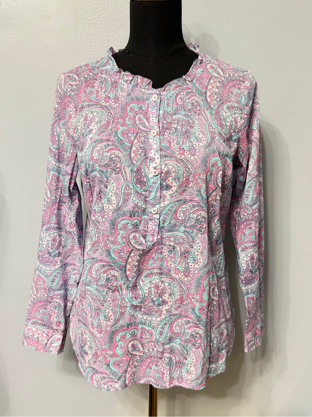 #12) Talbots Cotton Multi Color Half Button-Front Long Sleeve Top